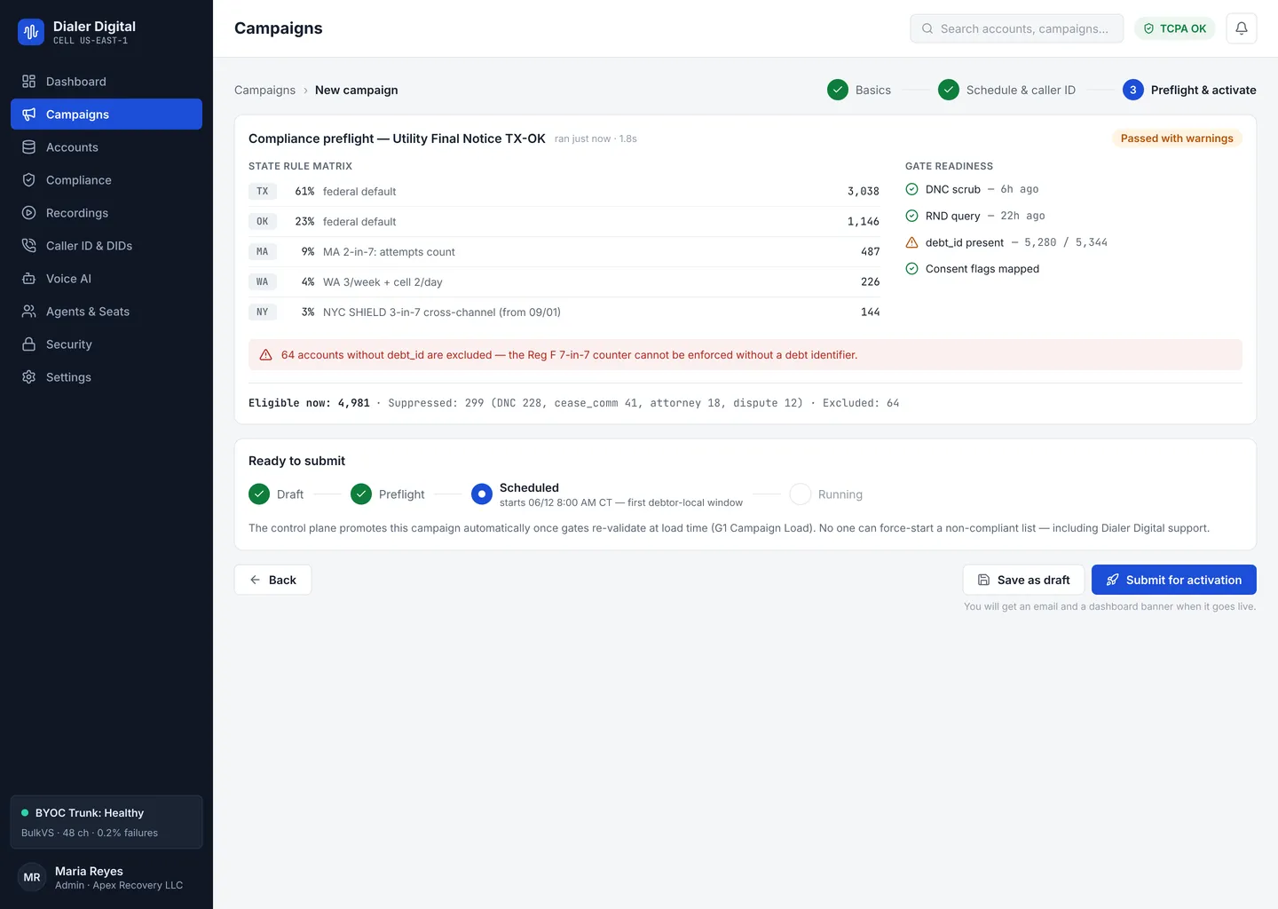 Campaign preflight screen: compliance checks gating campaign activation
