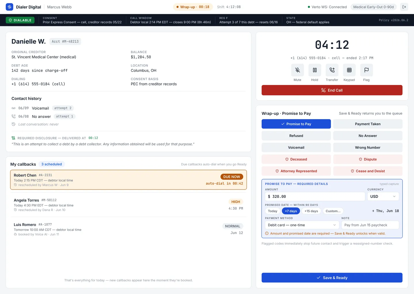 Agent wrap-up screen with typed promise-to-pay capture and callback scheduling
